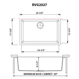 Dimensions for Ruvati 27" Undermount Granite Composite Kitchen Sink, Arctic White, RVG2027WH