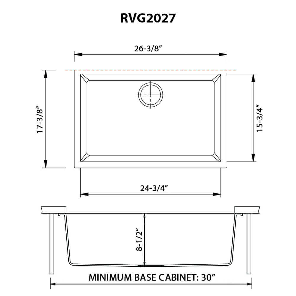 Dimensions Image for Ruvati 27" Undermount Granite Composite Kitchen Sink, Midnight Black, RVG2027BK