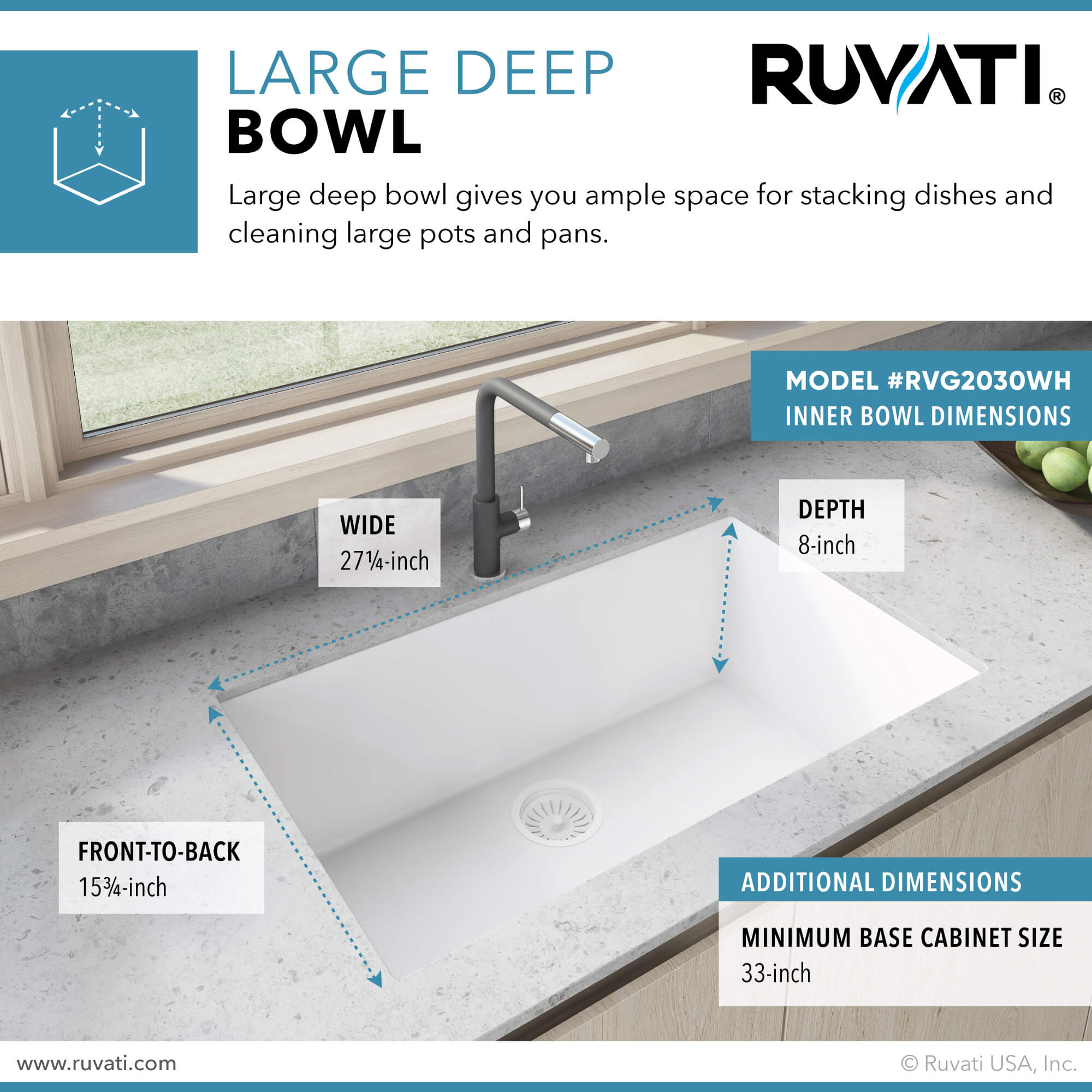 Alternative View of Ruvati epiGranite 30" Undermount Granite Composite Kitchen Sink, Arctic White, RVG2030WH