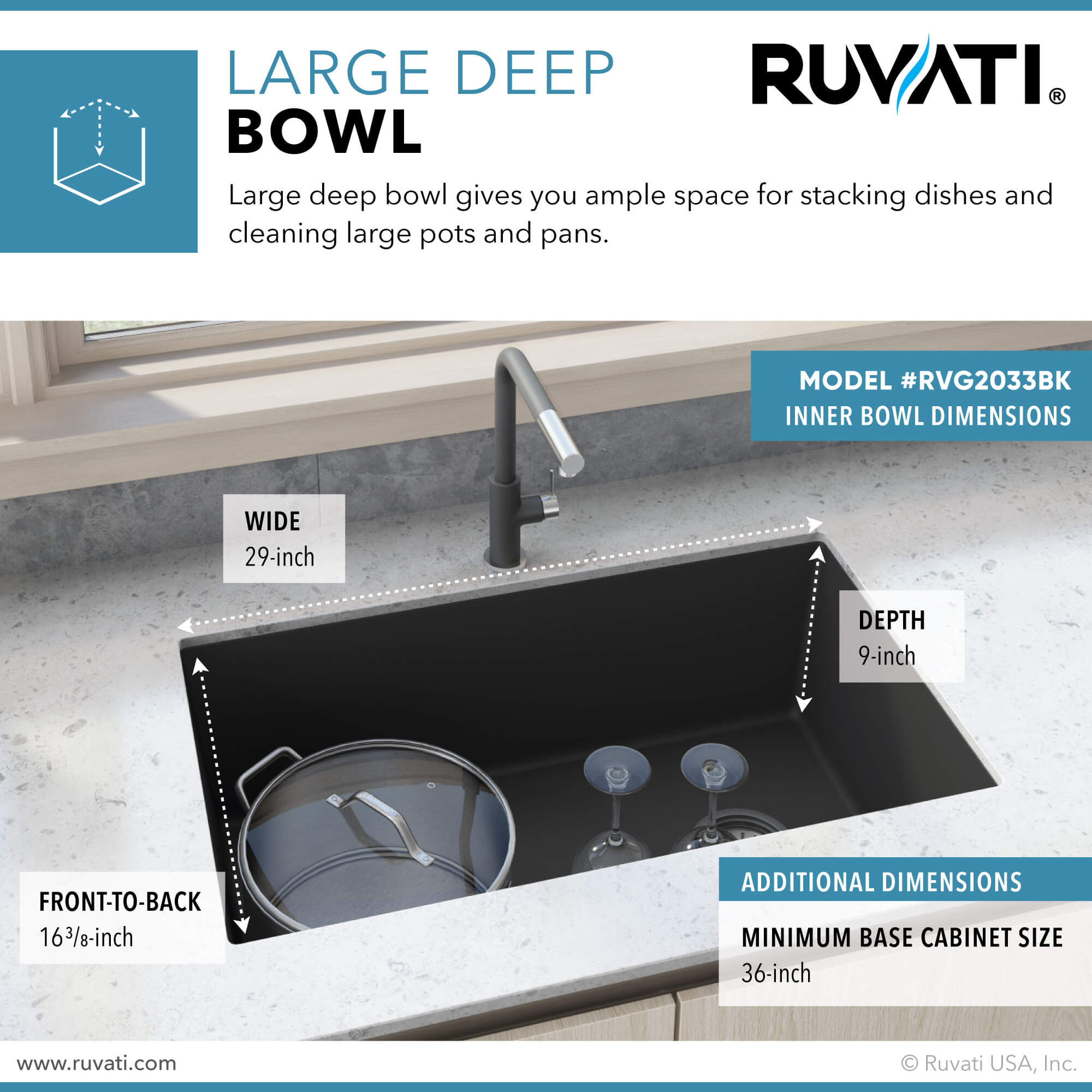 Alternative View of Ruvati epiGranite 32" Undermount Granite Composite Kitchen Sink, Midnight Black, RVG2033BK