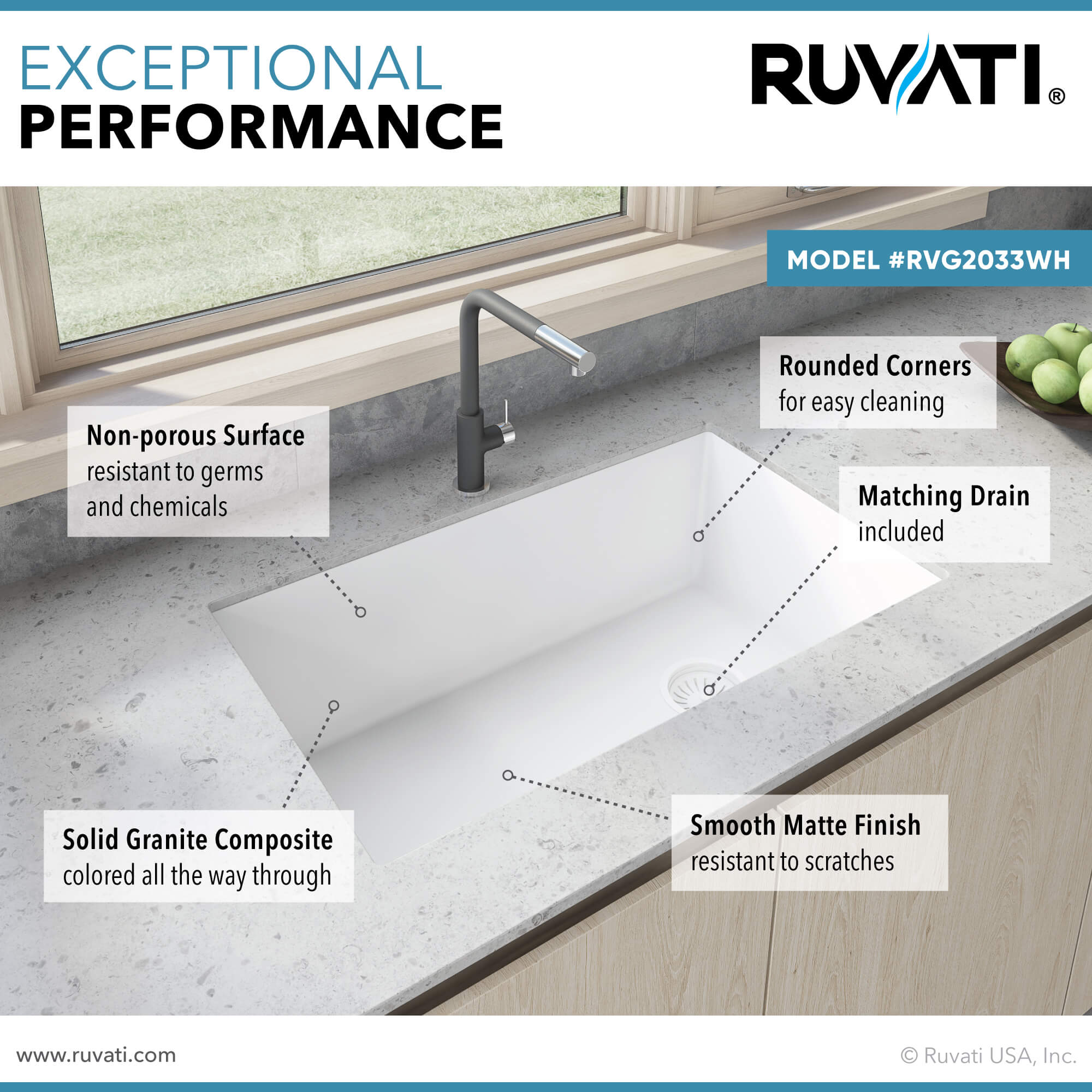Alternative View of Ruvati epiGranite 32" Undermount Granite Composite Kitchen Sink, Arctic White, RVG2033WH