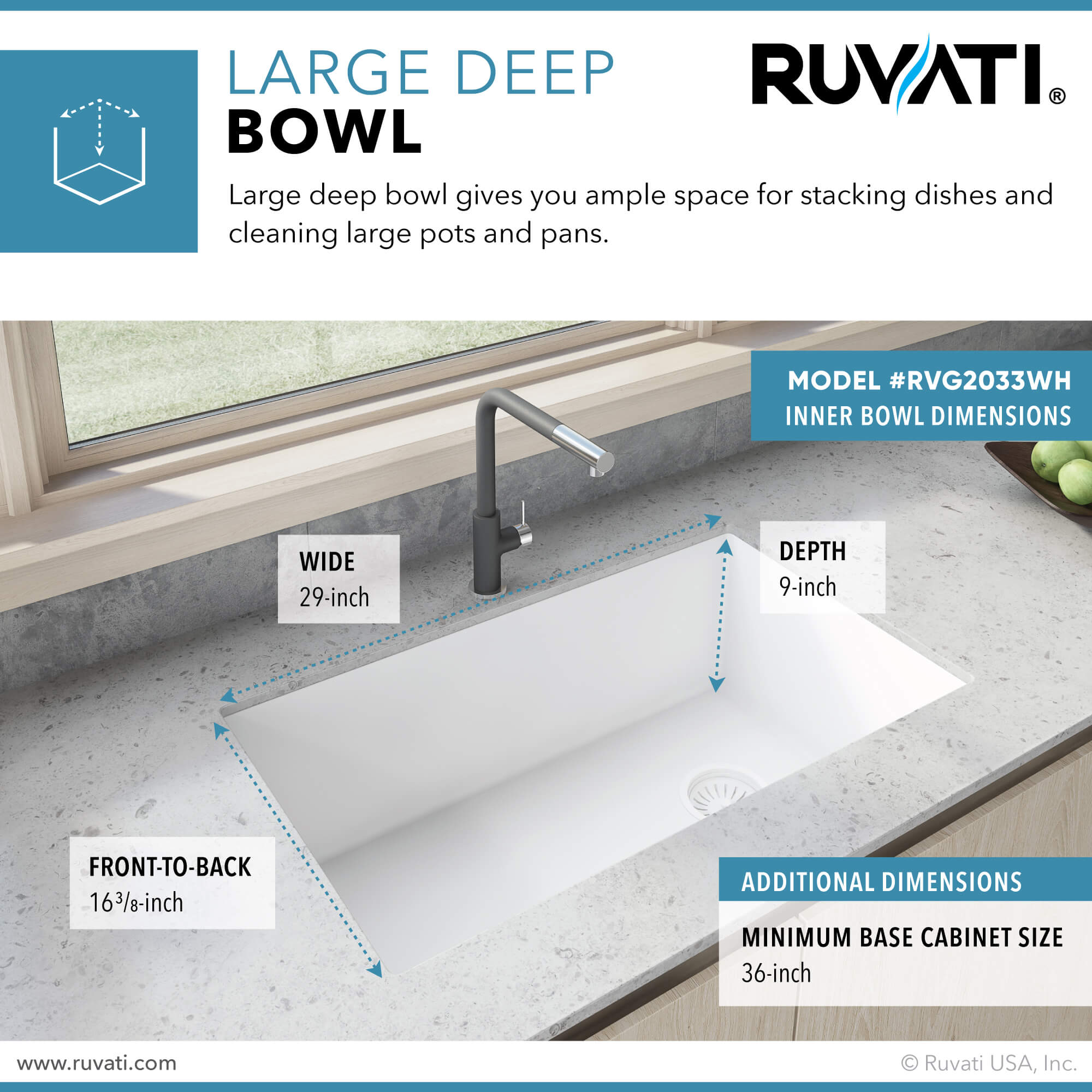 Alternative View of Ruvati epiGranite 32" Undermount Granite Composite Kitchen Sink, Arctic White, RVG2033WH