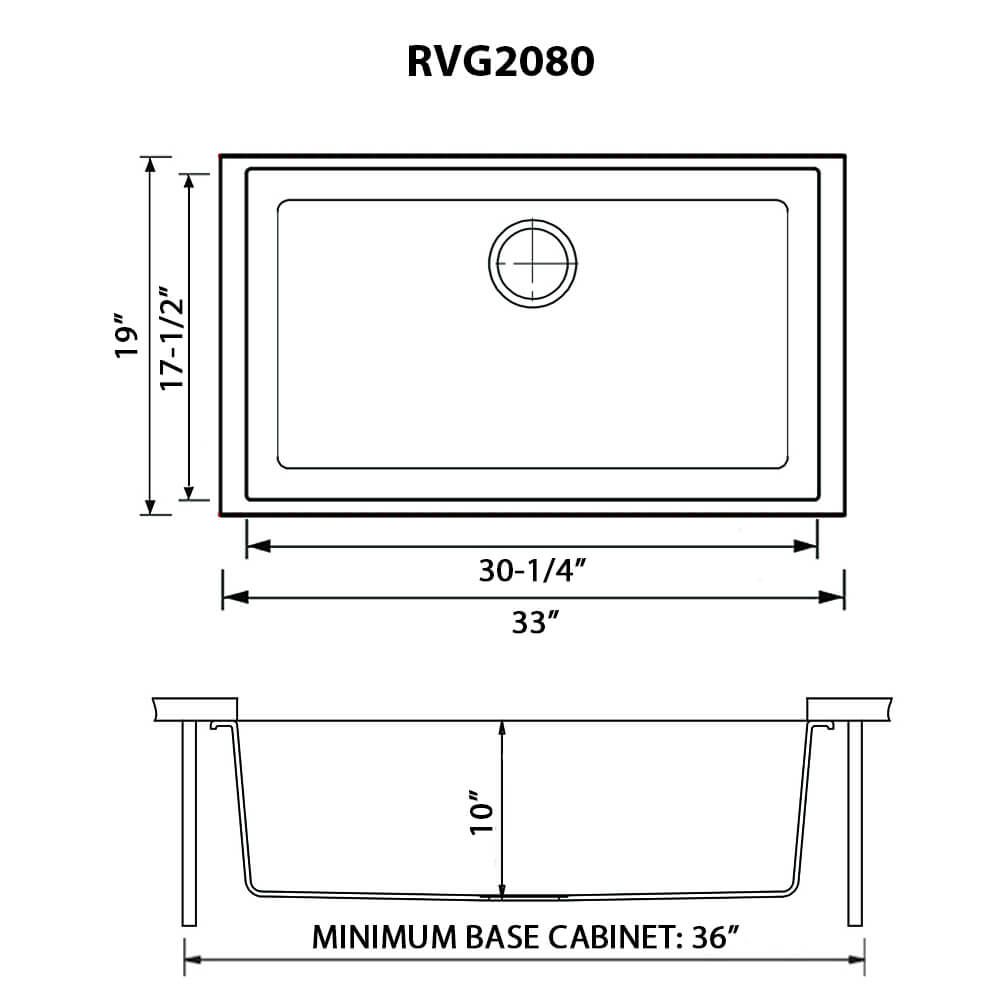 Dimensions Image for Ruvati epiGranite 33 x 19 inch Granite Composite Undermount Single Bowl Kitchen Sink, Espresso Brown, RVG2080ES
