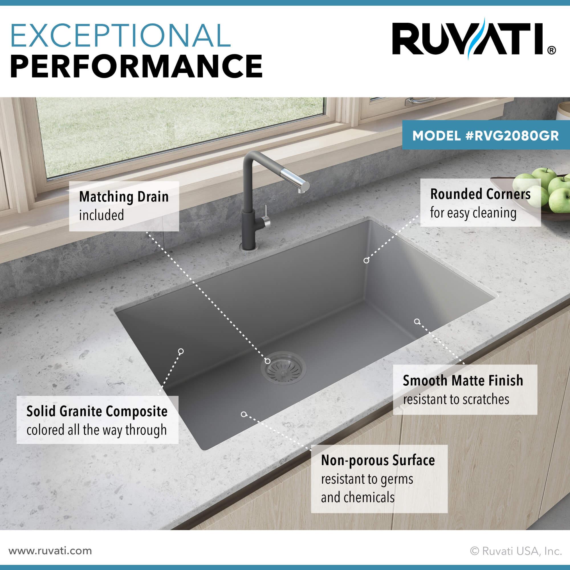 Alternative View of Ruvati epiGranite 33" Undermount Granite Composite Kitchen Sink, Silver Gray, RVG2080GR