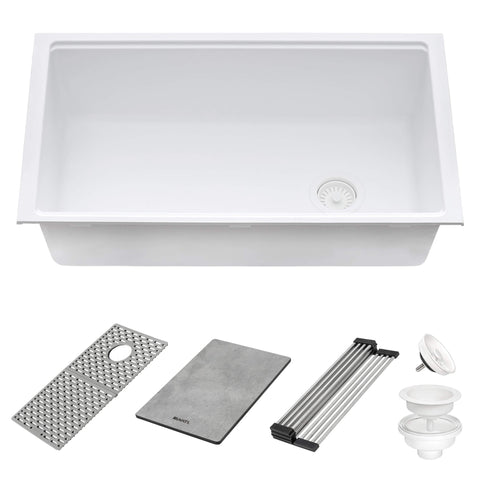 Ruvati epiStage 33" Undermount Granite Composite Workstation Kitchen Sink, Arctic White, RVG2302WH