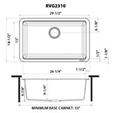 Dimensions Image for Ruvati epiStage 30" Granite Composite Workstation Kitchen Sink, Midnight Black, RVG2310BK