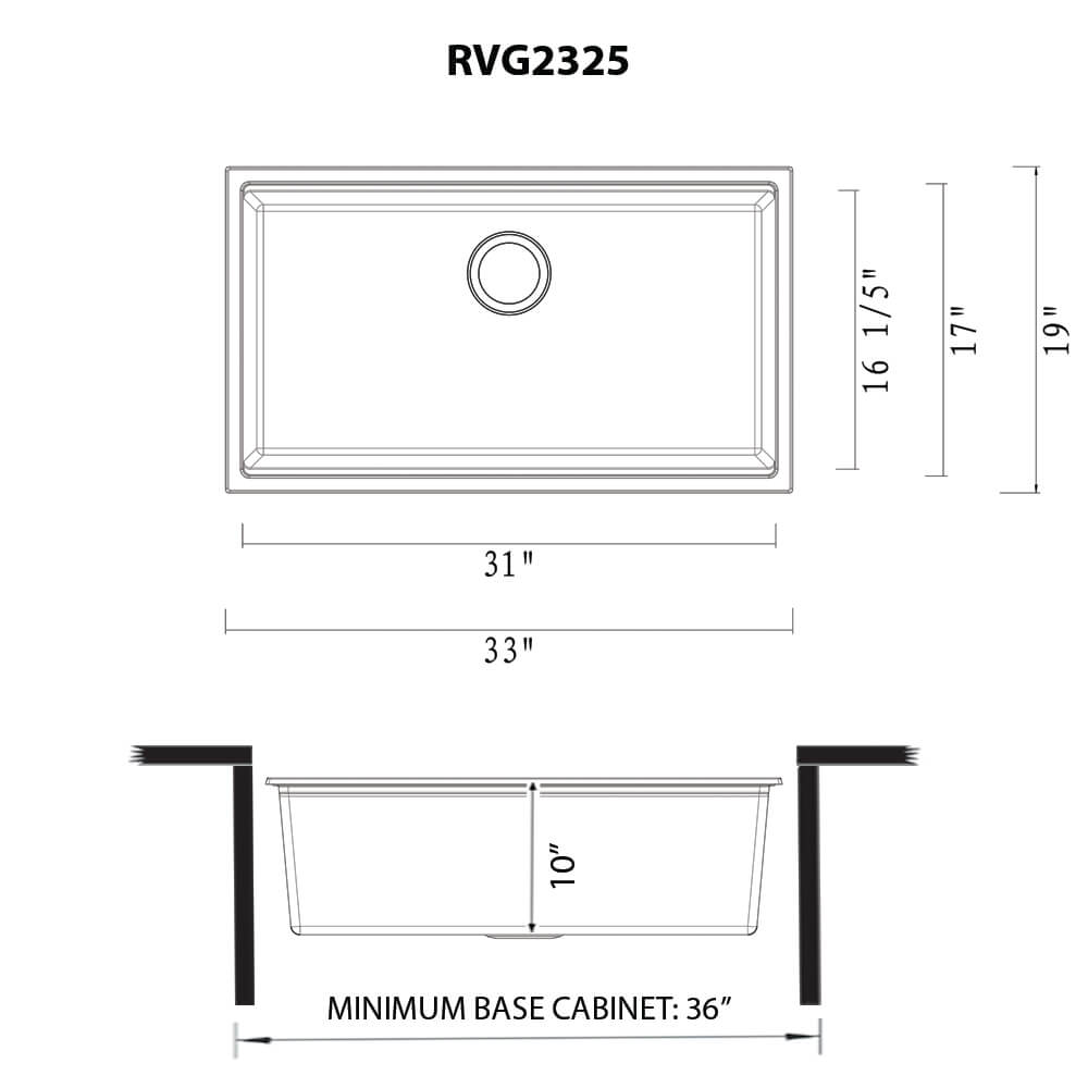 Dimensions Image for Ruvati 33-inch epiRock Workstation Warm White Undermount Kitchen Sink, Composite, RVG2325WB