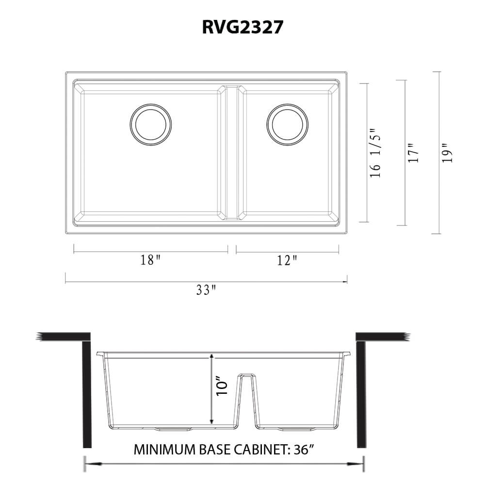 Dimensions Image for Ruvati 33-inch epiRock Workstation Warm White Double Bowl Undermount Kitchen Sink, Composite, RVG2327WB