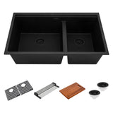 Ruvati 33-inch epiRock Workstation Charcoal Black Double Bowl Undermount Kitchen Sink, Composite, RVG2327CK