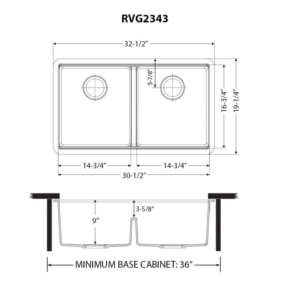 Ruvati epiGranite 33" Undermount Granite Composite Workstation Kitchen Sink, 50/50 Double Bowl, Midnight Black, RVG2343BK Product Image