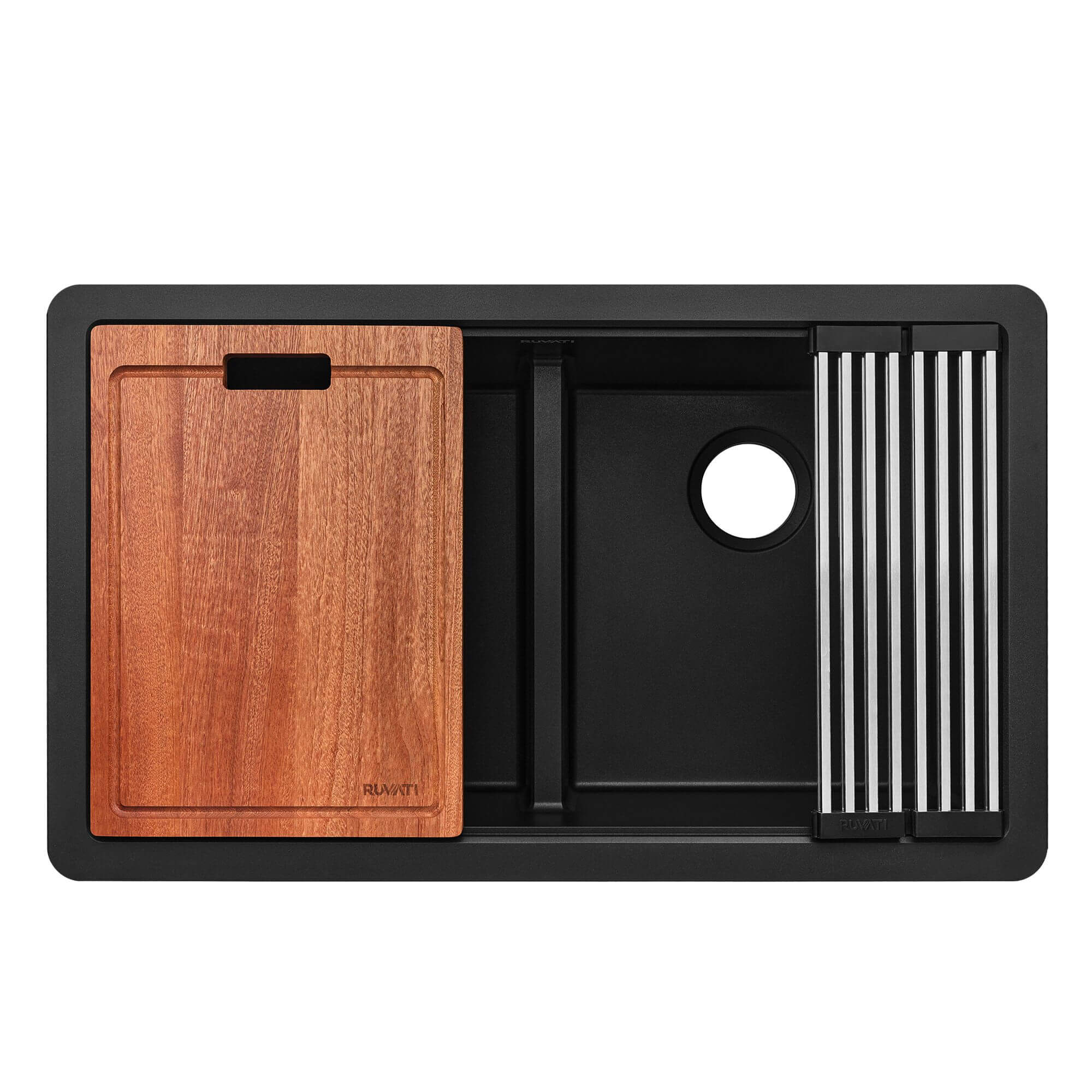 Ruvati epiGranite 33" Undermount Granite Composite Workstation Kitchen Sink, 50/50 Double Bowl, Midnight Black, RVG2343BK Product Image