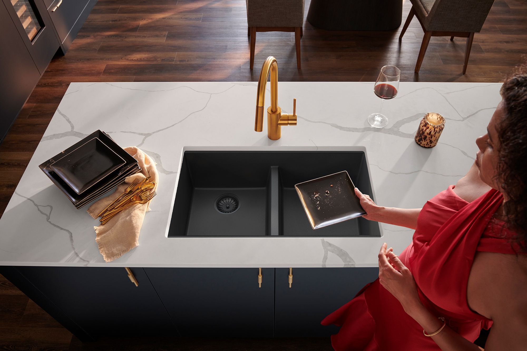 Ruvati epiGranite 33" Undermount Granite Composite Workstation Kitchen Sink, 50/50 Double Bowl, Midnight Black, RVG2343BK Product Image
