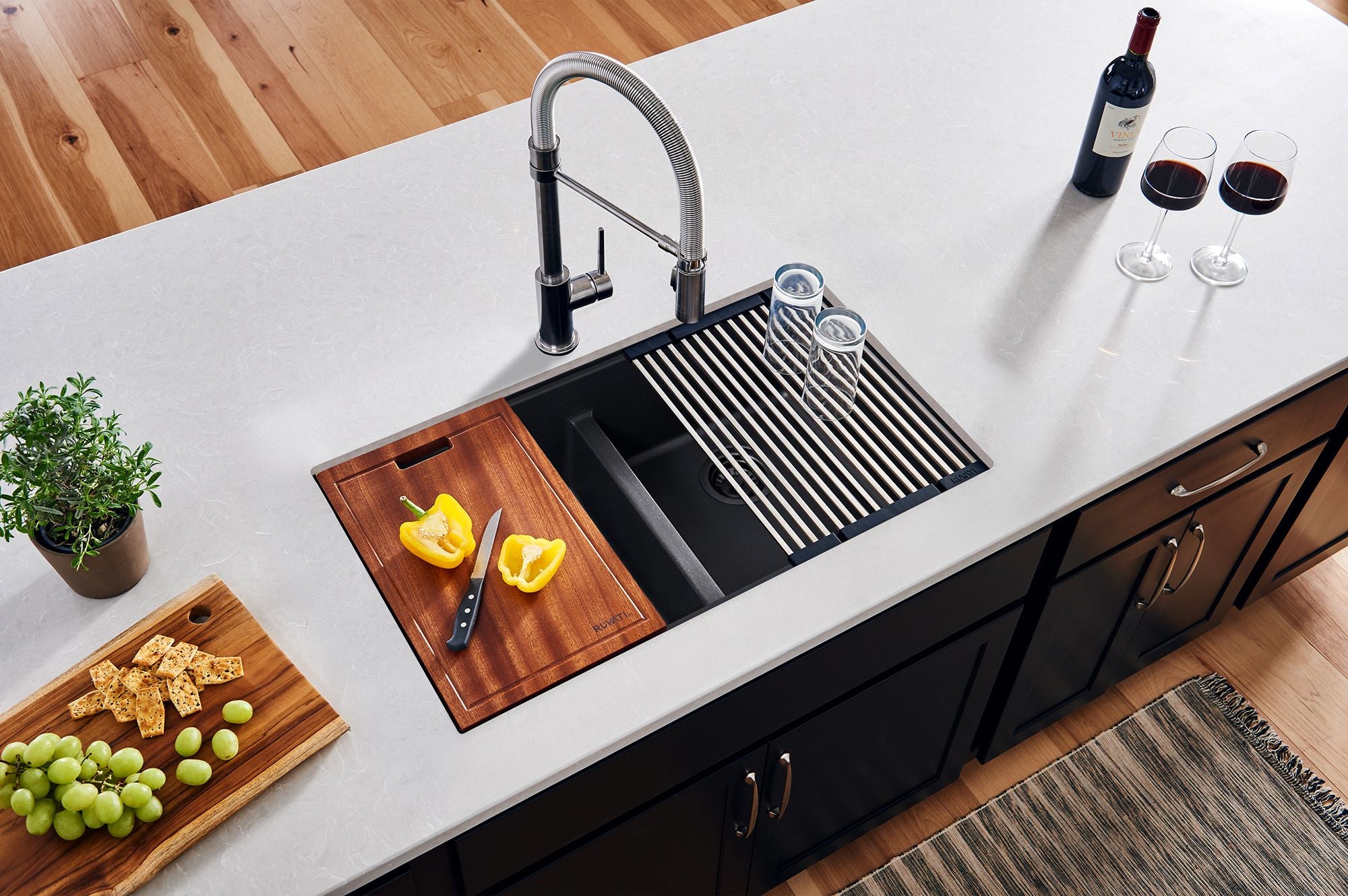 Ruvati epiGranite 33" Undermount Granite Composite Workstation Kitchen Sink, 50/50 Double Bowl, Midnight Black, RVG2343BK Product Image