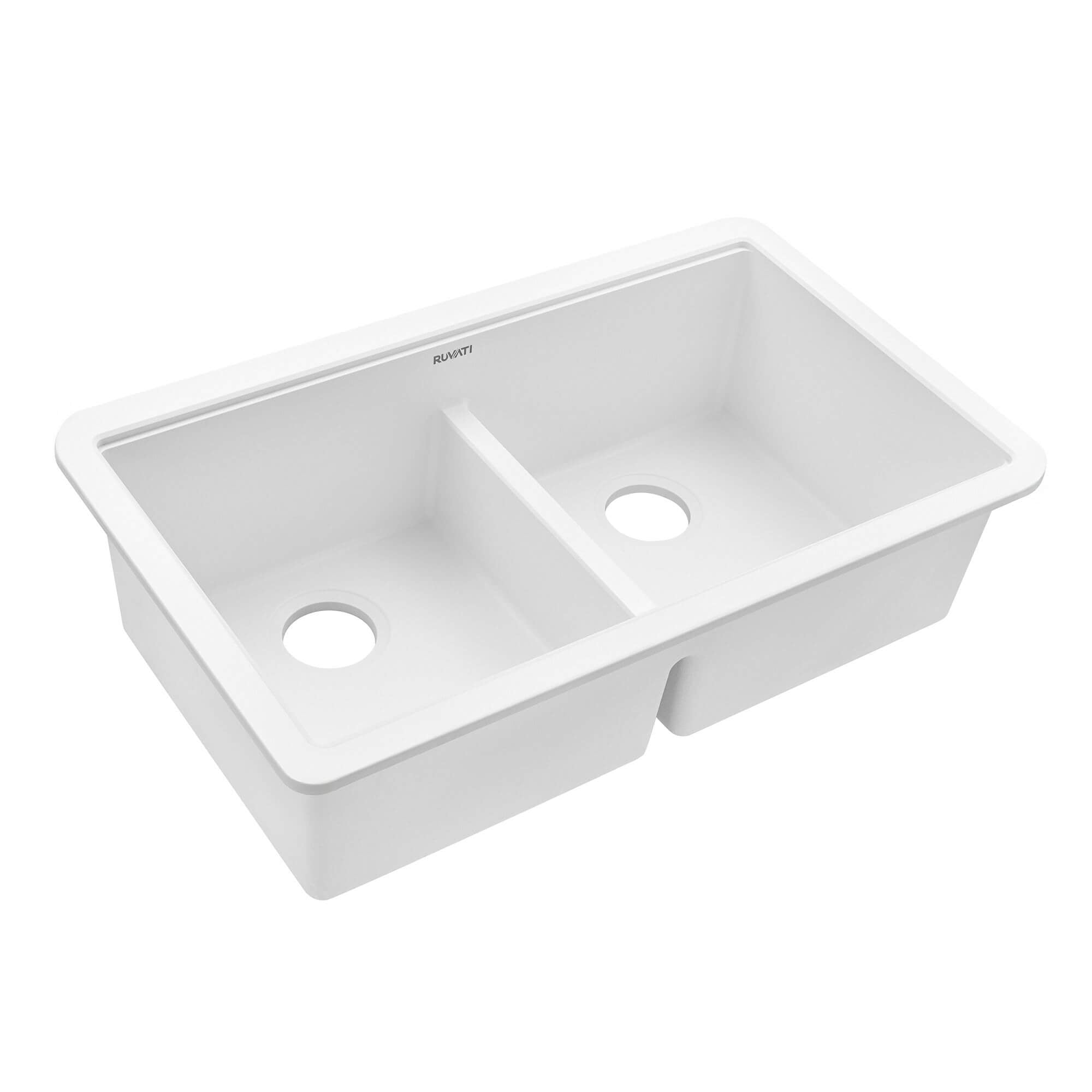 Ruvati epiGranite 33" Undermount Granite Composite Workstation Kitchen Sink, 50/50 Double Bowl, Arctic White Matte, RVG2343WH Product Image