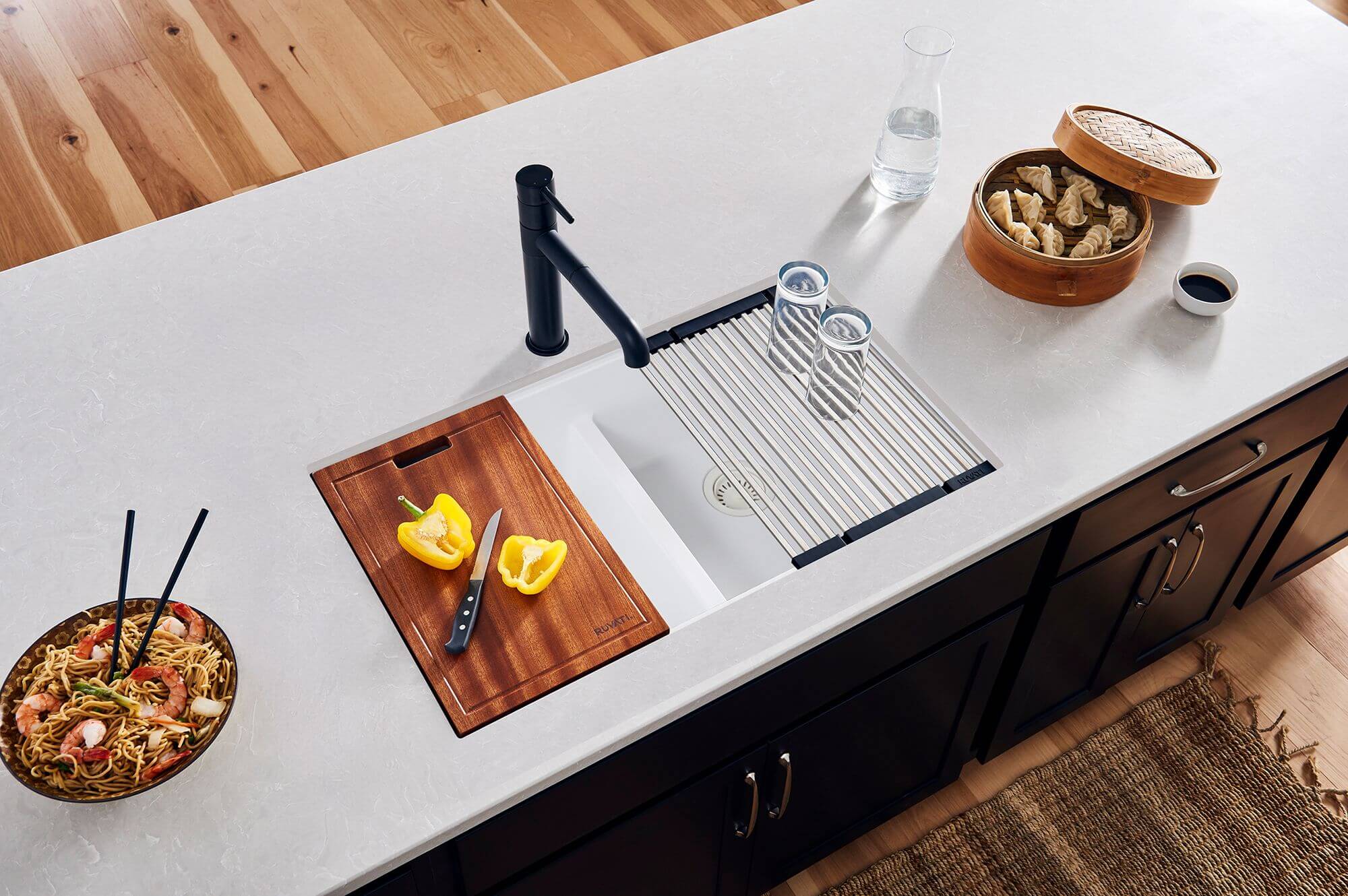 Ruvati epiGranite 33" Undermount Granite Composite Workstation Kitchen Sink, 50/50 Double Bowl, Arctic White Matte, RVG2343WH Product Image