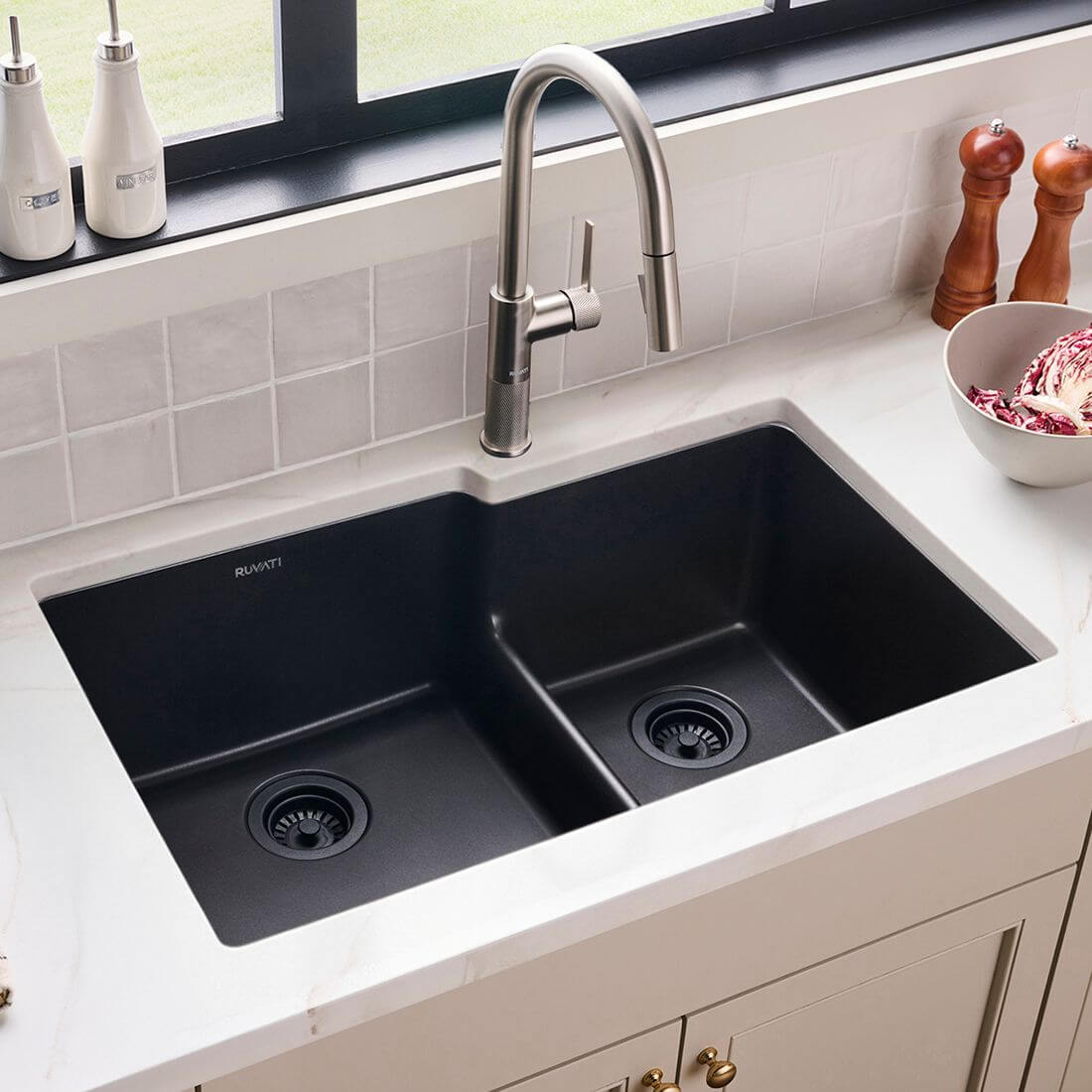 Ruvati epiGranite 33" Undermount Granite Composite Workstation Kitchen Sink, 60/40 Double Bowl, Midnight Black, RVG2347BK