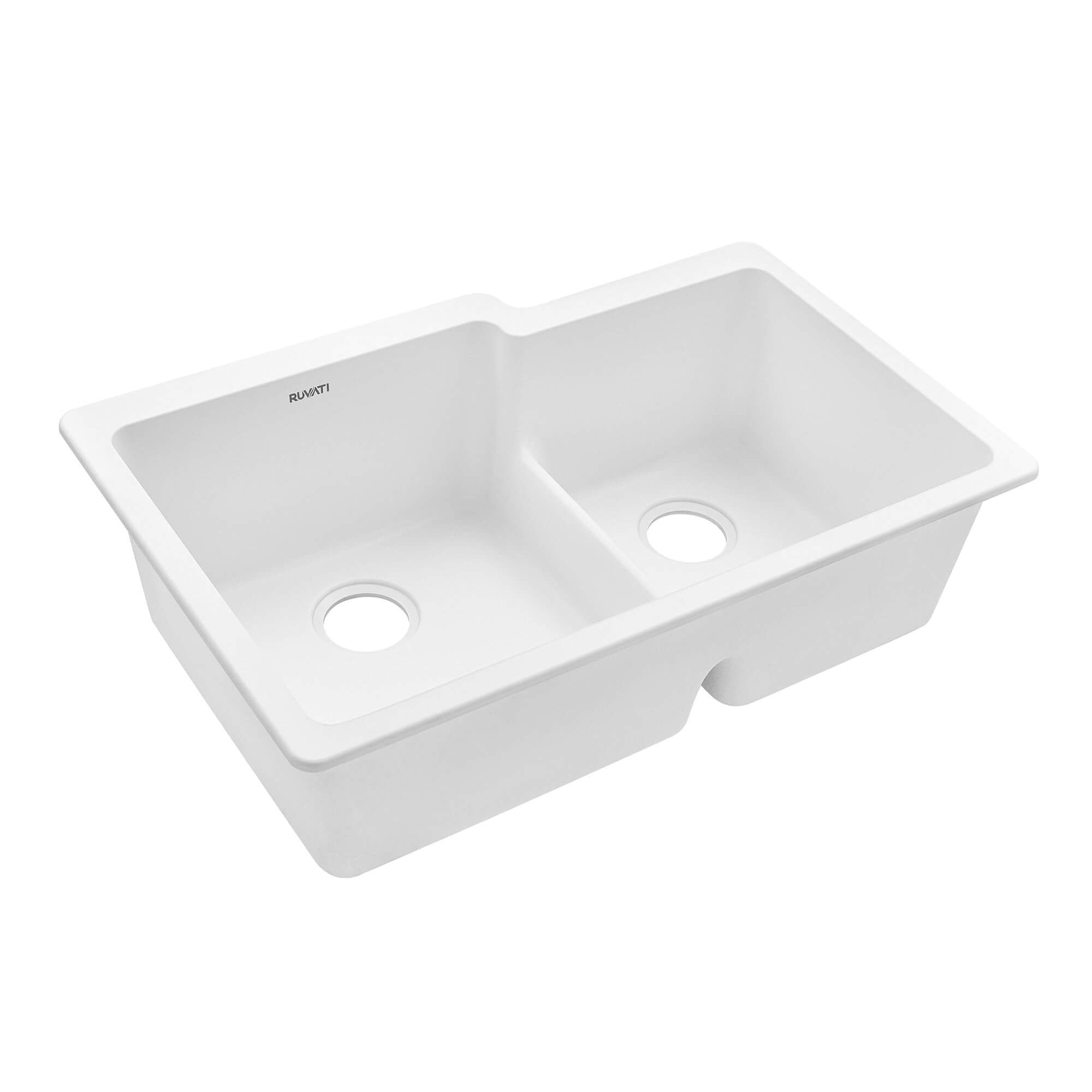 Ruvati epiGranite 33" Undermount Granite Composite Workstation Kitchen Sink, 60/40 Double Bowl, Arctic White Matte, RVG2347WH Product Image