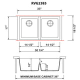 Dimensions for Ruvati epiGranite 33" Undermount Granite Composite Kitchen Sink, 50/50 Low Divide Double Bowl, Midnight Black, RVG2385BK