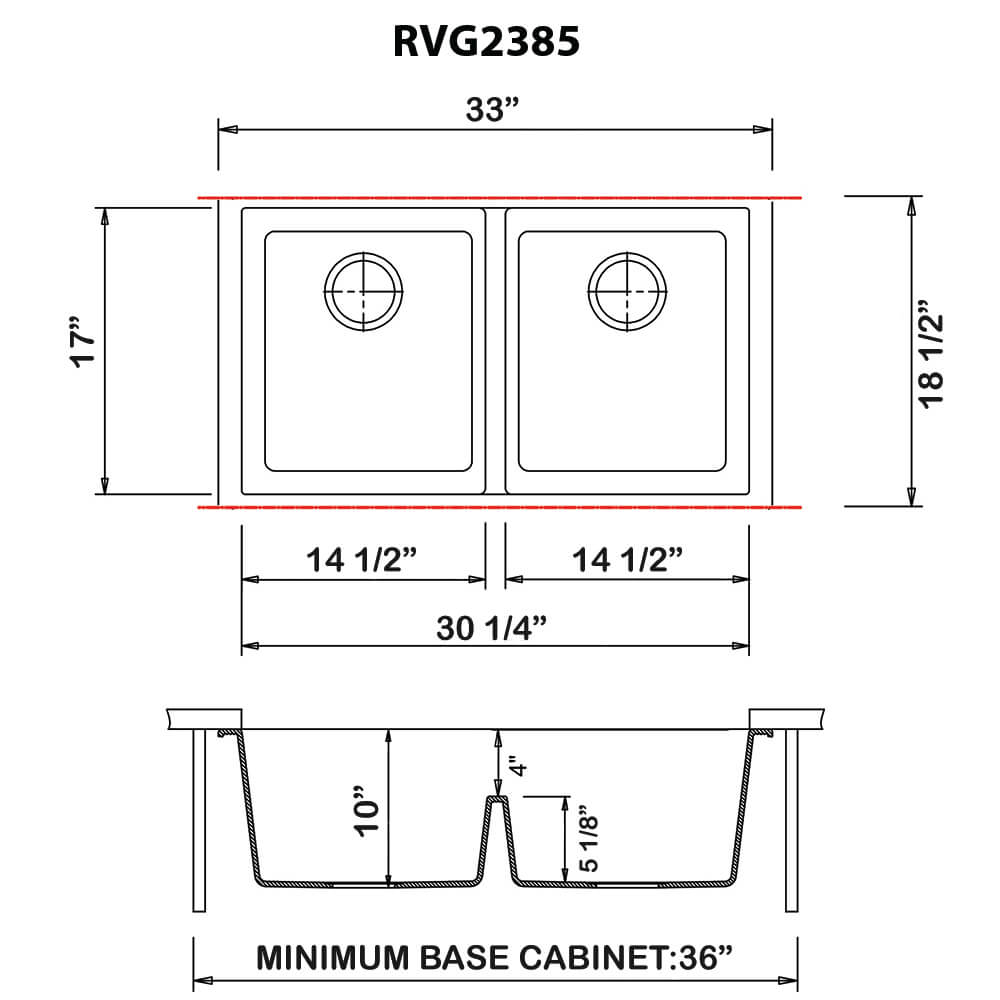 Dimensions Image for Ruvati epiGranite 33" Undermount Granite Composite Kitchen Sink, 50/50 Low Divide Double Bowl, Midnight Black, RVG2385BK
