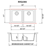 Dimensions Image for Ruvati epiGranite 33" Undermount Granite Composite Kitchen Sink, 50/50 Low Divide Double Bowl, Midnight Black, RVG2385BK