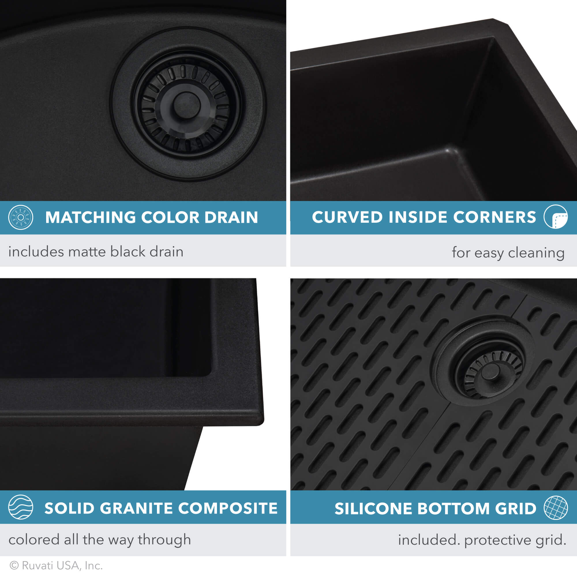 Alternative View of Ruvati epiGranite 33" Undermount Granite Composite Kitchen Sink, 50/50 Low Divide Double Bowl, Midnight Black, RVG2385BK
