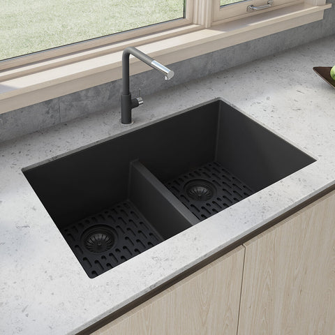 Main Image of Ruvati epiGranite 33" Undermount Granite Composite Kitchen Sink, 50/50 Low Divide Double Bowl, Midnight Black, RVG2385BK