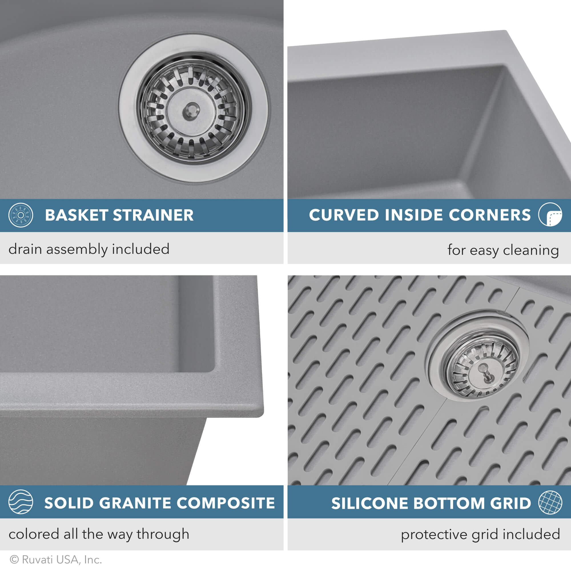 Alternative View of Ruvati epiGranite 33" Undermount Granite Composite Kitchen Sink, 50/50 Low Divide Double Bowl, Silver Gray, RVG2385GR