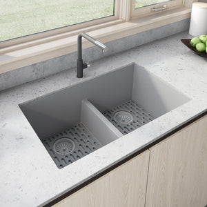 Alternate Image for Ruvati epiGranite 33" Undermount Granite Composite Kitchen Sink, 50/50 Low Divide Double Bowl, Silver Gray, RVG2385GR
