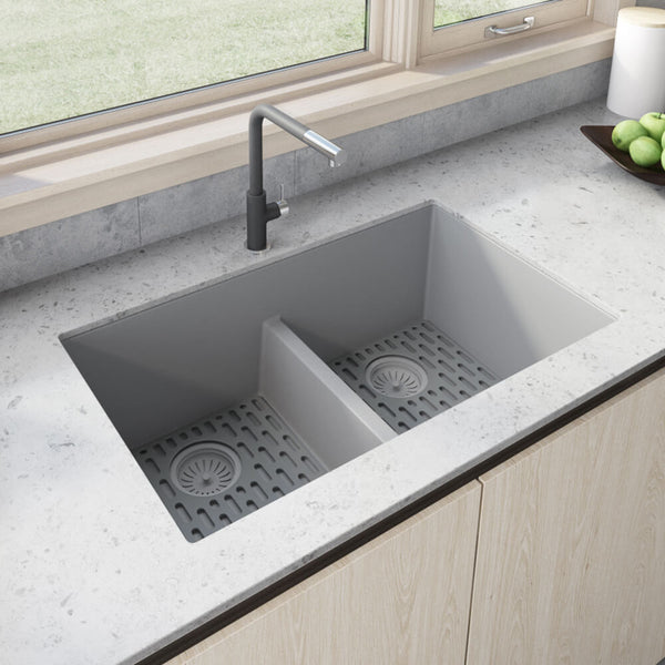 Main Image of Ruvati epiGranite 33" Undermount Granite Composite Kitchen Sink, 50/50 Low Divide Double Bowl, Silver Gray, RVG2385GR
