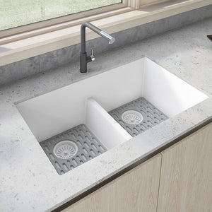 Alternate Image for Ruvati epiGranite 33" Undermount Granite Composite Kitchen Sink, 50/50 Low Divide Double Bowl, Arctic White, RVG2385WH