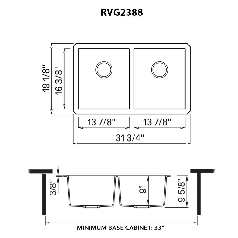 Dimensions Image for Ruvati epiGranite 32 x 19 inch Granite Composite Undermount Double Bowl Kitchen Sink, Midnight Black, RVG2388BK