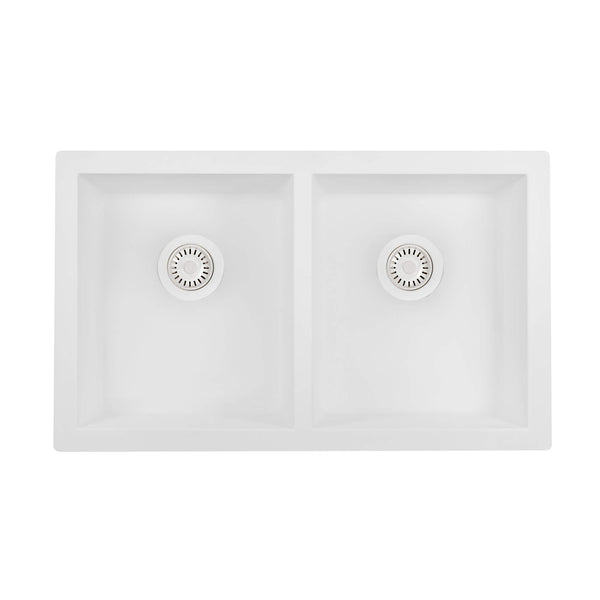 Ruvati epiGranite 32 x 19 inch Granite Composite Undermount Double Bowl Kitchen Sink, Arctic White, RVG2388WH