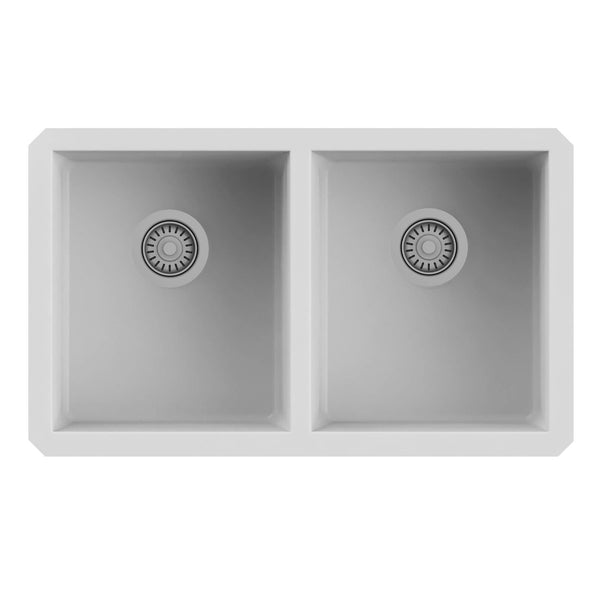 Ruvati epiGranite 32 x 19 inch Granite Composite Undermount Double Bowl Kitchen Sink, Arctic White, RVG2388WH