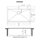Dimensions for Ruvati Giana 33" Drop-in Topmount Stainless Steel Workstation Kitchen Sink, Gunmetal Matte Black, 16 Gauge, RVH5003BL