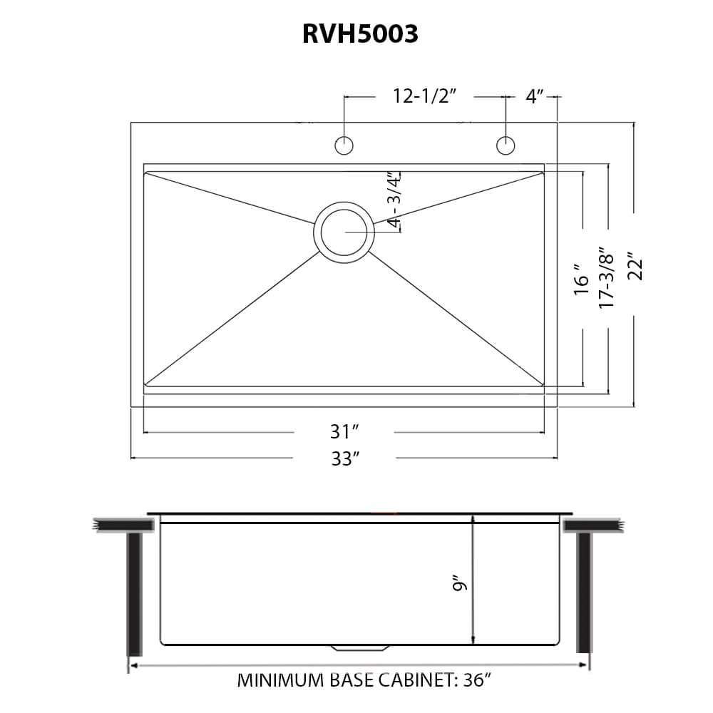 Dimensions Image for Ruvati Giana 33" Drop-in Topmount Stainless Steel Workstation Kitchen Sink, Gunmetal Matte Black, 16 Gauge, RVH5003BL