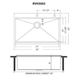 Dimensions Image for Ruvati Giana 33" Drop-in Topmount Stainless Steel Workstation Kitchen Sink, Gunmetal Matte Black, 16 Gauge, RVH5003BL