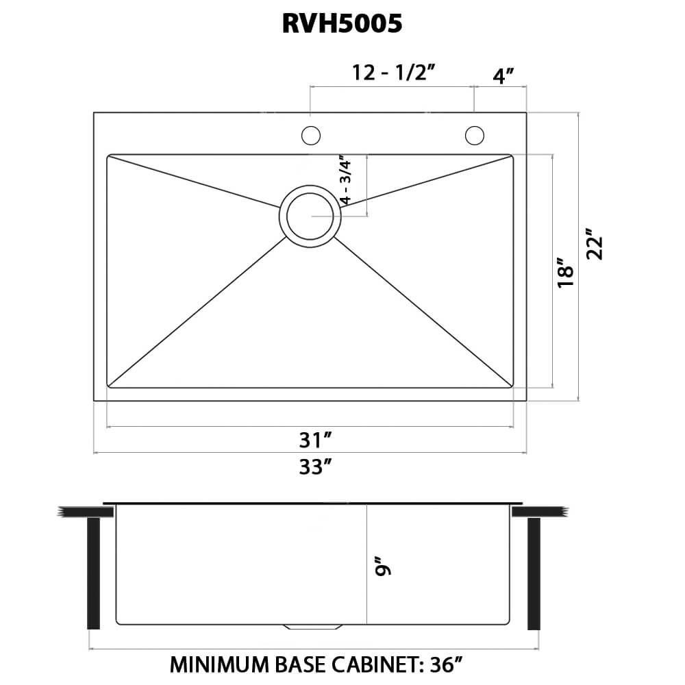 Dimensions Image for Ruvati Terraza 33" Drop-in Topmount Stainless Steel Kitchen Sink, Brass Tone Matte Gold, 16 Gauge, RVH5005GG