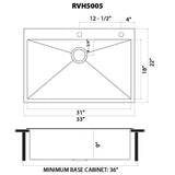 Dimensions for Ruvati Terraza 33" Drop-in Topmount Stainless Steel Kitchen Sink, Gunmetal Matte Black, 16 Gauge, RVH5005BL