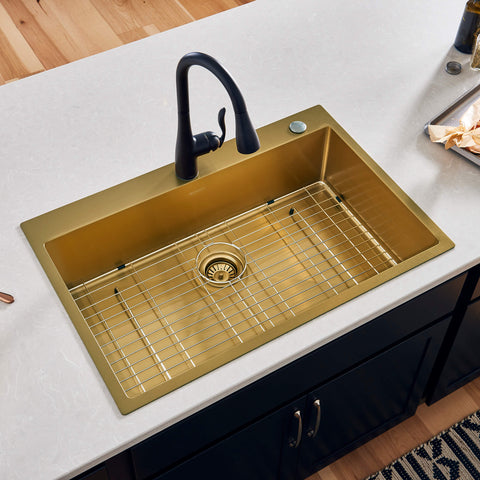Main Image of Ruvati Terraza 33" Drop-in Topmount Stainless Steel Kitchen Sink, Brass Tone Matte Gold, 16 Gauge, RVH5005GG