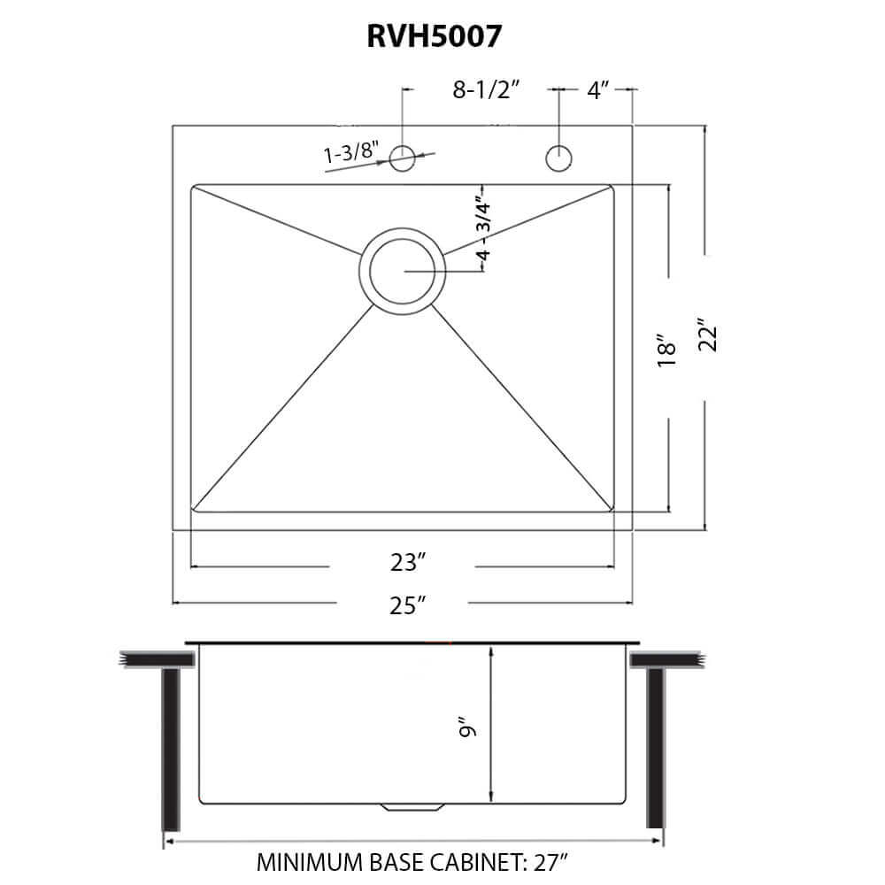 Dimensions Image for Ruvati Terraza 25" Drop-in Topmount Stainless Steel Kitchen Sink, Matte Gold Brass Tone, 16 Gauge, RVH5007GG