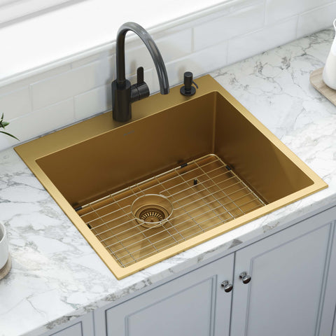 Main Image of Ruvati Terraza 25" Drop-in Topmount Stainless Steel Kitchen Sink, Matte Gold Brass Tone, 16 Gauge, RVH5007GG