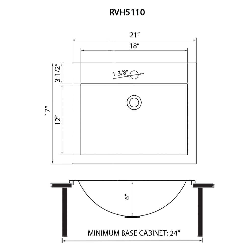 Dimensions Image for Ruvati Ariaso 21" Rectangle Drop In Stainless Steel Bathroom Sink, Gunmetal Matte Black, 16 Gauge, RVH5110BL
