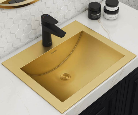 Main Image of Ruvati Ariaso 21" Rectangle Drop In Stainless Steel Bathroom Sink, Brushed Gold Brass Tone, 16 Gauge, RVH5110GG