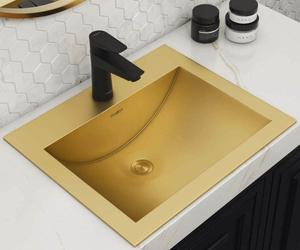 Main Image of Ruvati Ariaso 21" Rectangle Drop In Stainless Steel Bathroom Sink, Brushed Gold Brass Tone, 16 Gauge, RVH5110GG