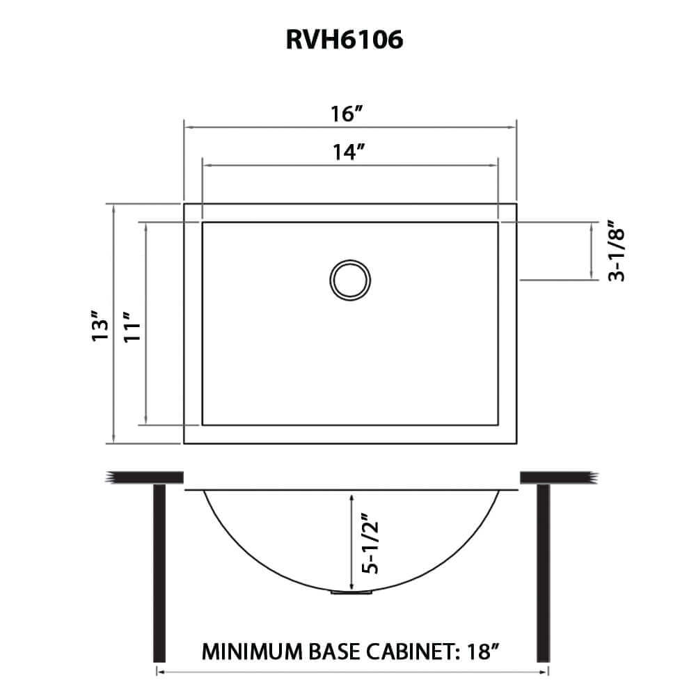Dimensions Image for Ruvati Ariaso 16 x 13 inch Brushed Stainless Steel Rectangular Bathroom Sink Undermount, 16, RVH6106ST