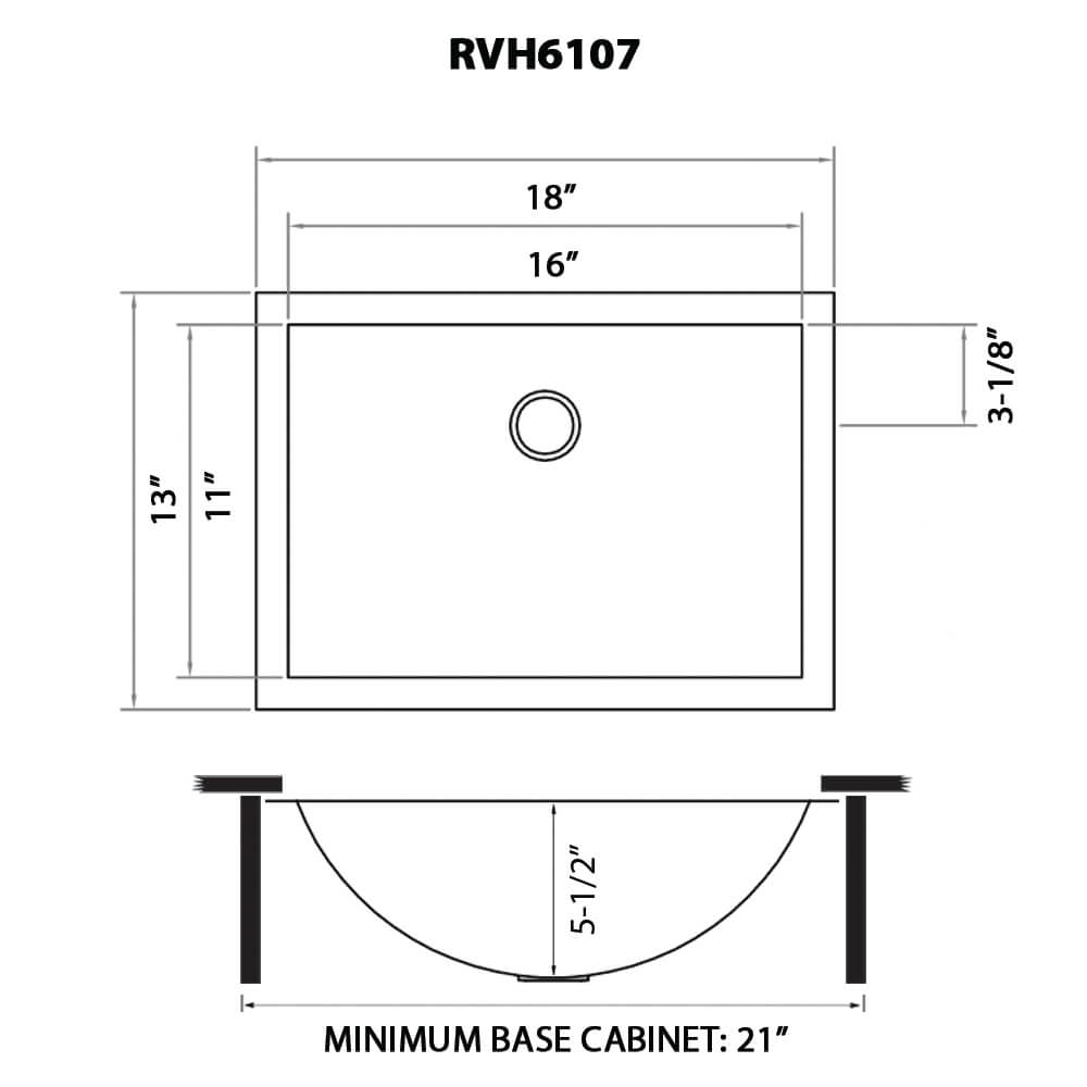 Dimensions Image for Ruvati Ariaso 18" Rectangle Undermount Stainless Steel Bathroom Sink, Brushed Gold Brass Tone, 16 Gauge, RVH6107GG