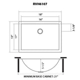 Dimensions for Ruvati Ariaso 18" Rectangle Undermount Stainless Steel Bathroom Sink, 16 Gauge, RVH6107