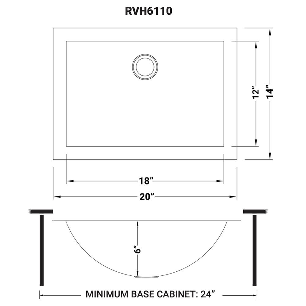 Dimensions Image for Ruvati Ariaso 20" Rectangle Undermount Stainless Steel Bathroom Sink, Gunmetal Matte Black, 16 Gauge, RVH6110BL