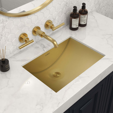 Main Image of Ruvati Ariaso 20" Rectangle Undermount Stainless Steel Bathroom Sink, Brushed Gold Brass Tone, 16 Gauge, RVH6110GG