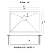 Dimensions for Ruvati Terraza 27" Undermount Stainless Steel Kitchen Sink, Gunmetal Matte Black, 16 Gauge, RVH6127BL